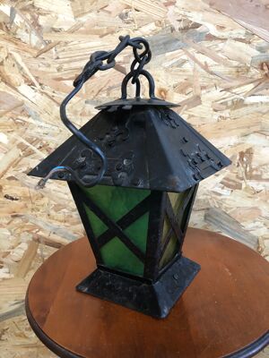 Ancienne Suspension Lanterne Métal Noir + verre Vert & Jaune Vintage
