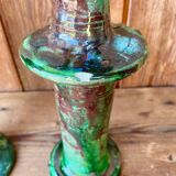 Trio of Tamegroute candlestick holders in enamelled ceramic.