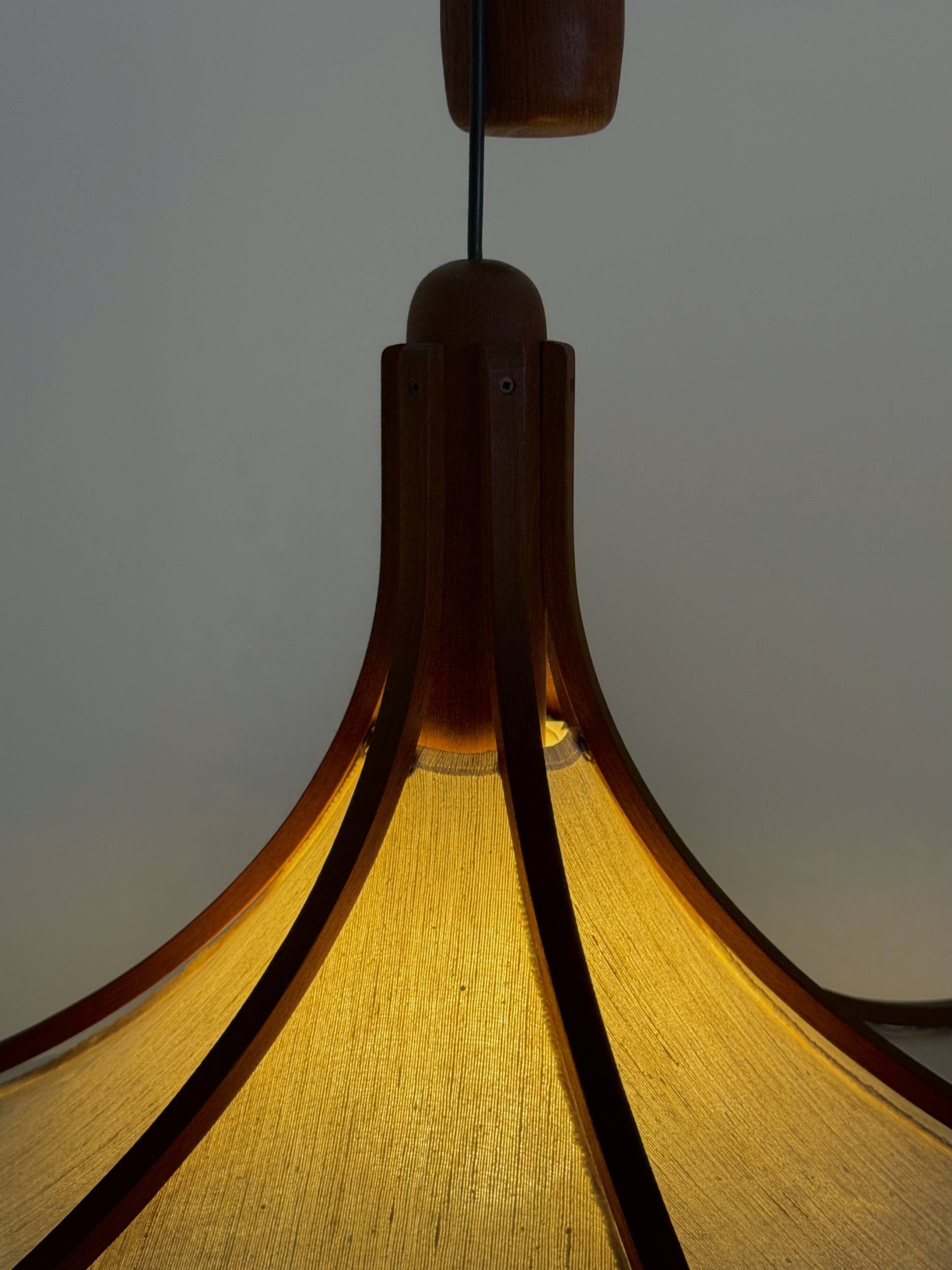 Mid-century teak pendant lamp from Domus with linen shade