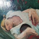 Tableau peinture à l'huile vintage portrait de femme couchée dans l'herbe signé daté