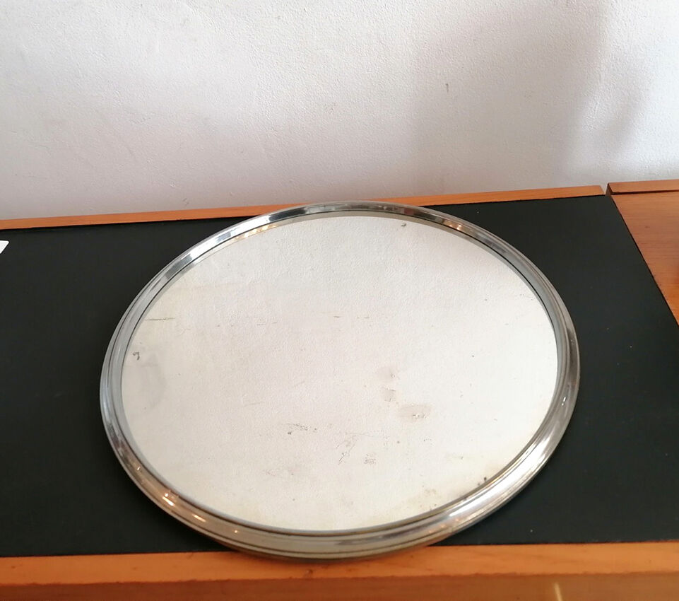 Set of 3 round mirrored trays, metal strapping, 1950/60