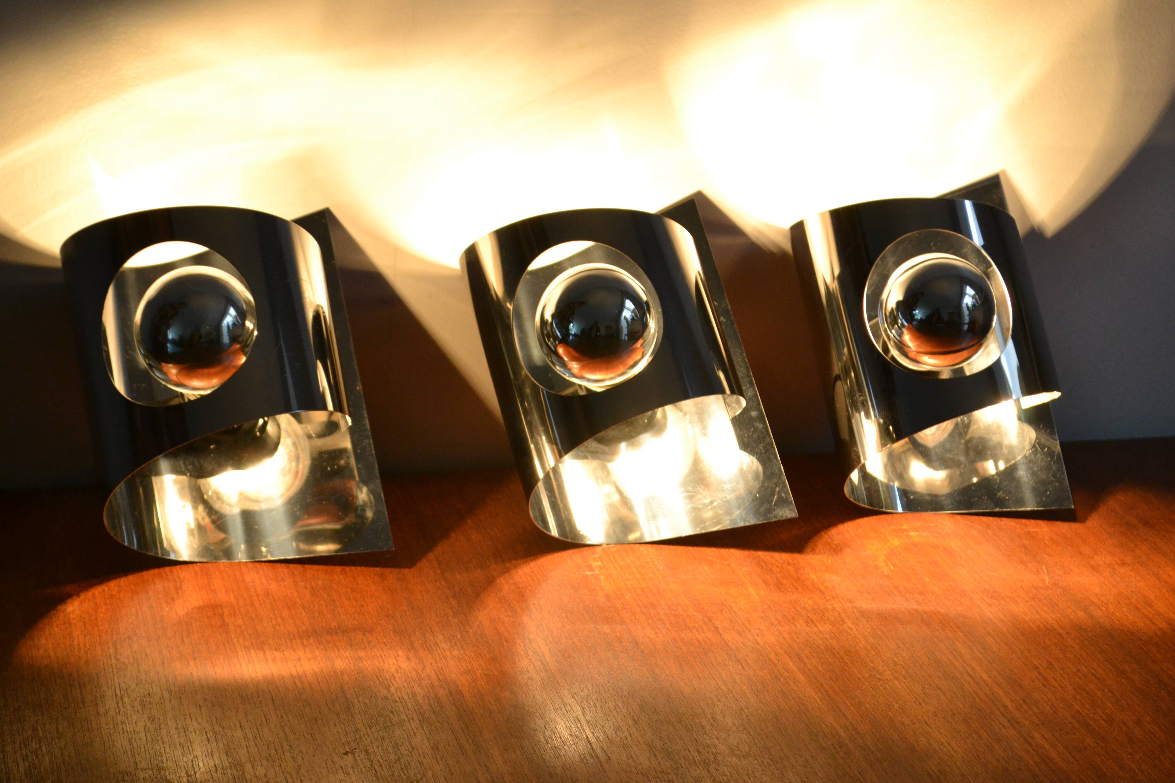 3 70s chrome metal wall lights