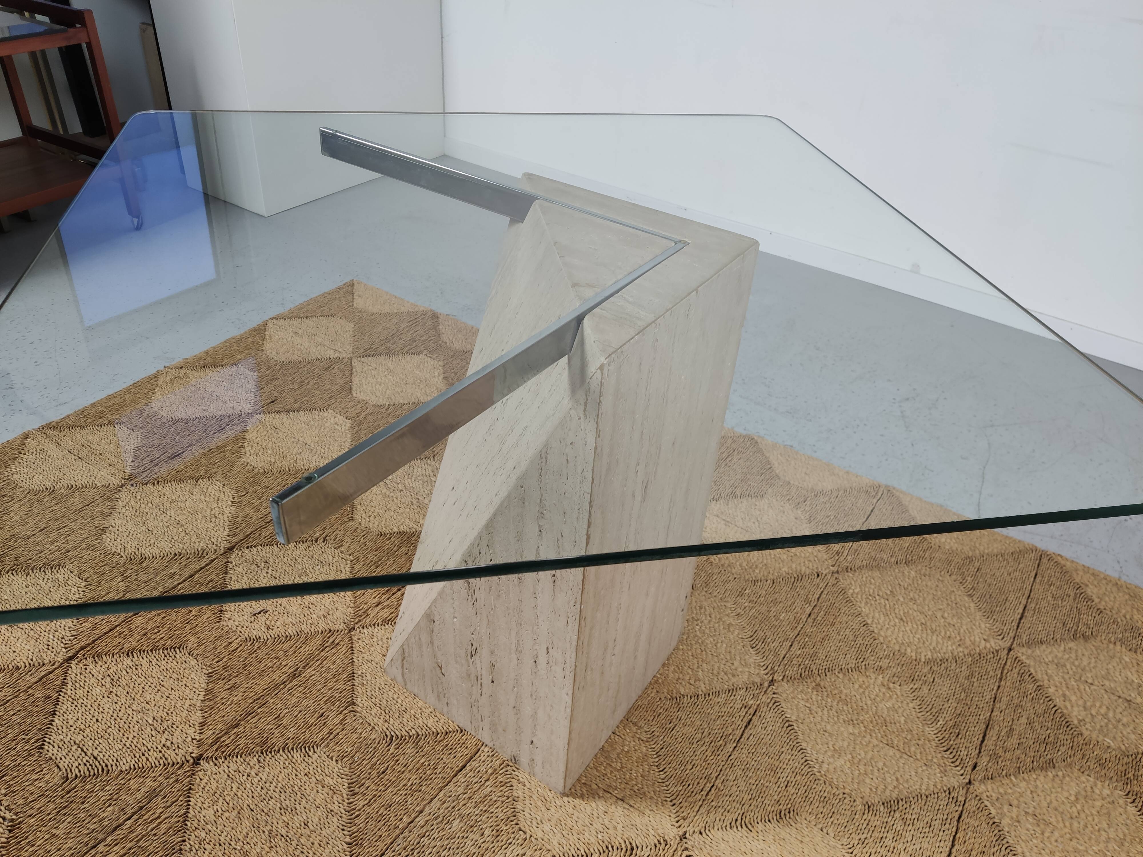 square dining table in travertine and glass , 80s