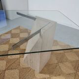 square dining table in travertine and glass , 80s
