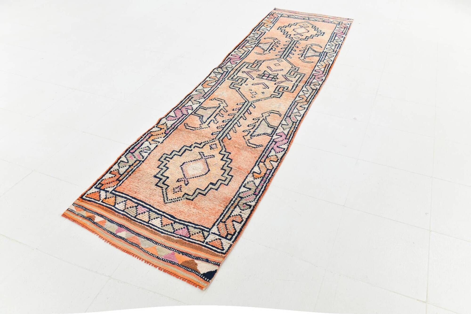 3x11 Vintage Runner Soft Orange Wool Runner Rug, Turkish Runner, 87x342Cm