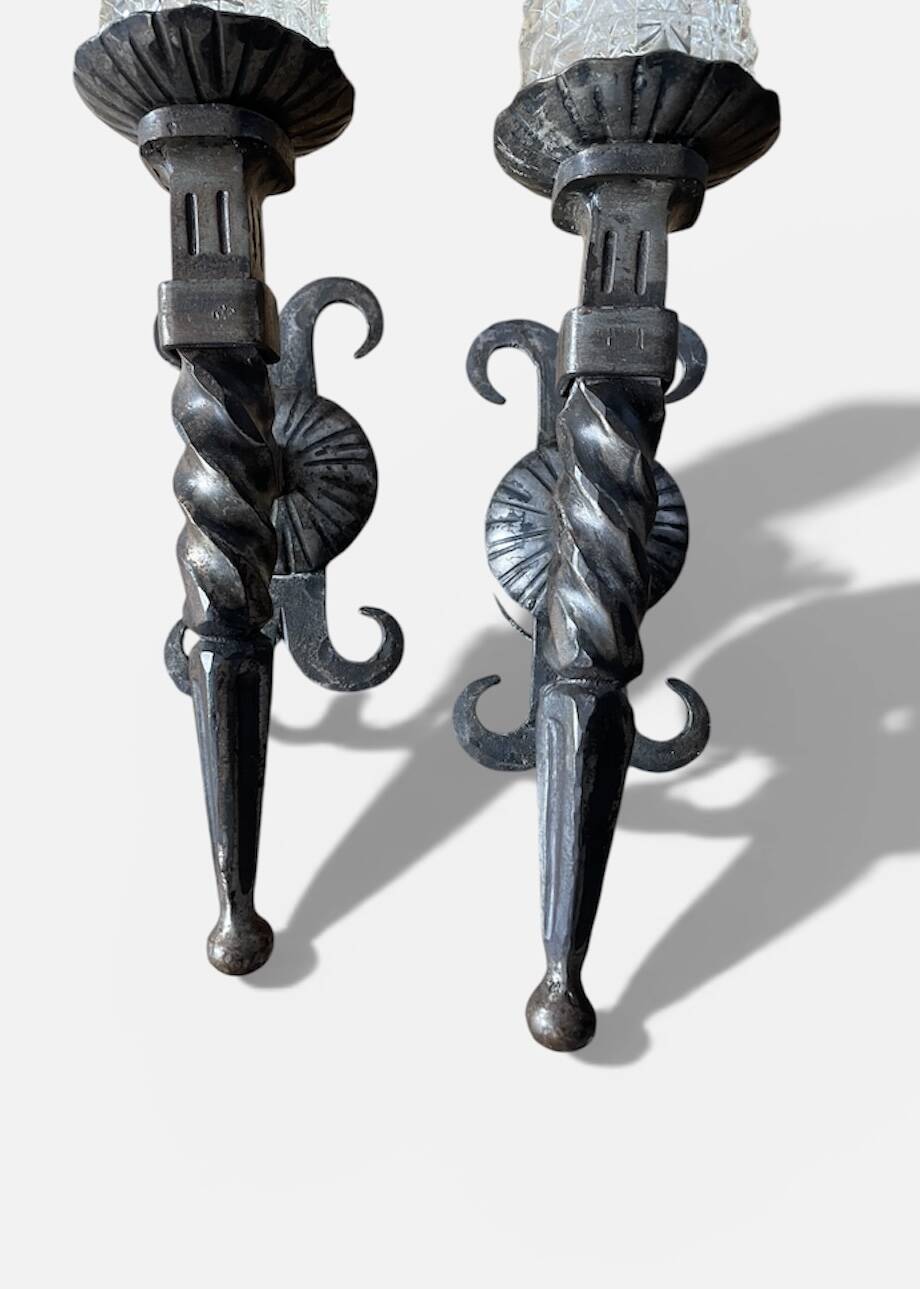 Pair of brutalist wall sconces in wrought iron