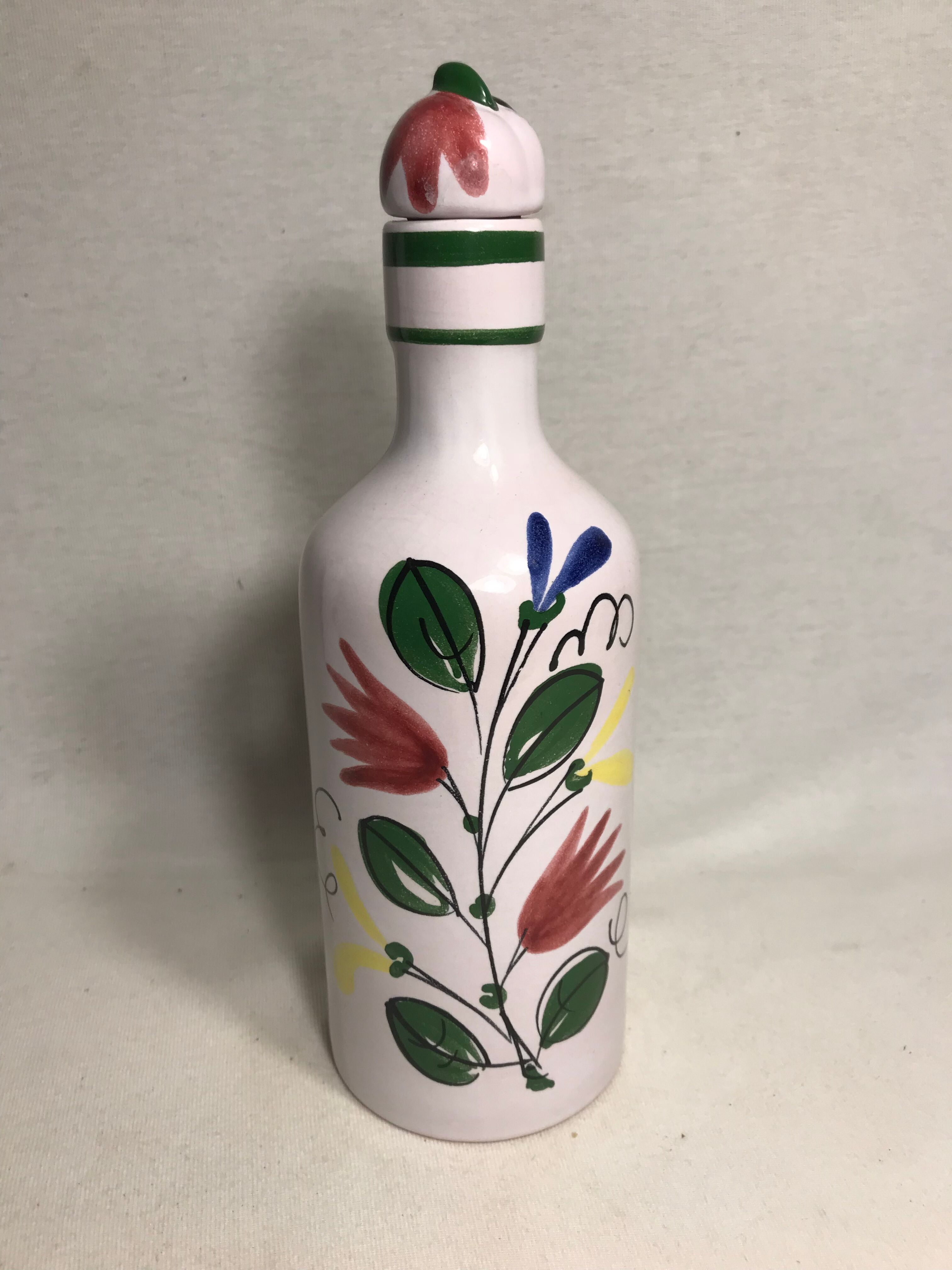Old bottle Elchingerceramics drawing flowers + Cap France Vintage