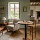 Bistro standing table with marble top and cast iron base.