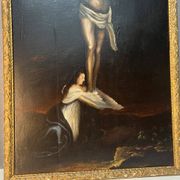Beautiful religious work from the 17th century, oil on panel representing Christ on his cross with Mary Magdalene at his feet