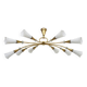 Modernist chandelier with 10 brass branches and white glass tubes, 1970s