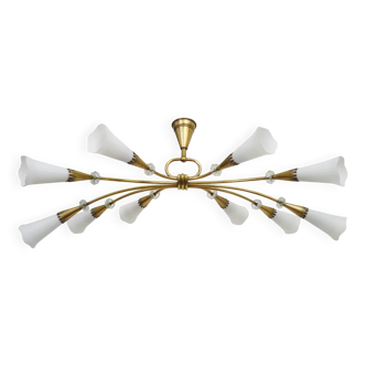Modernist chandelier with 10 brass branches and white glass tubes, 1970s