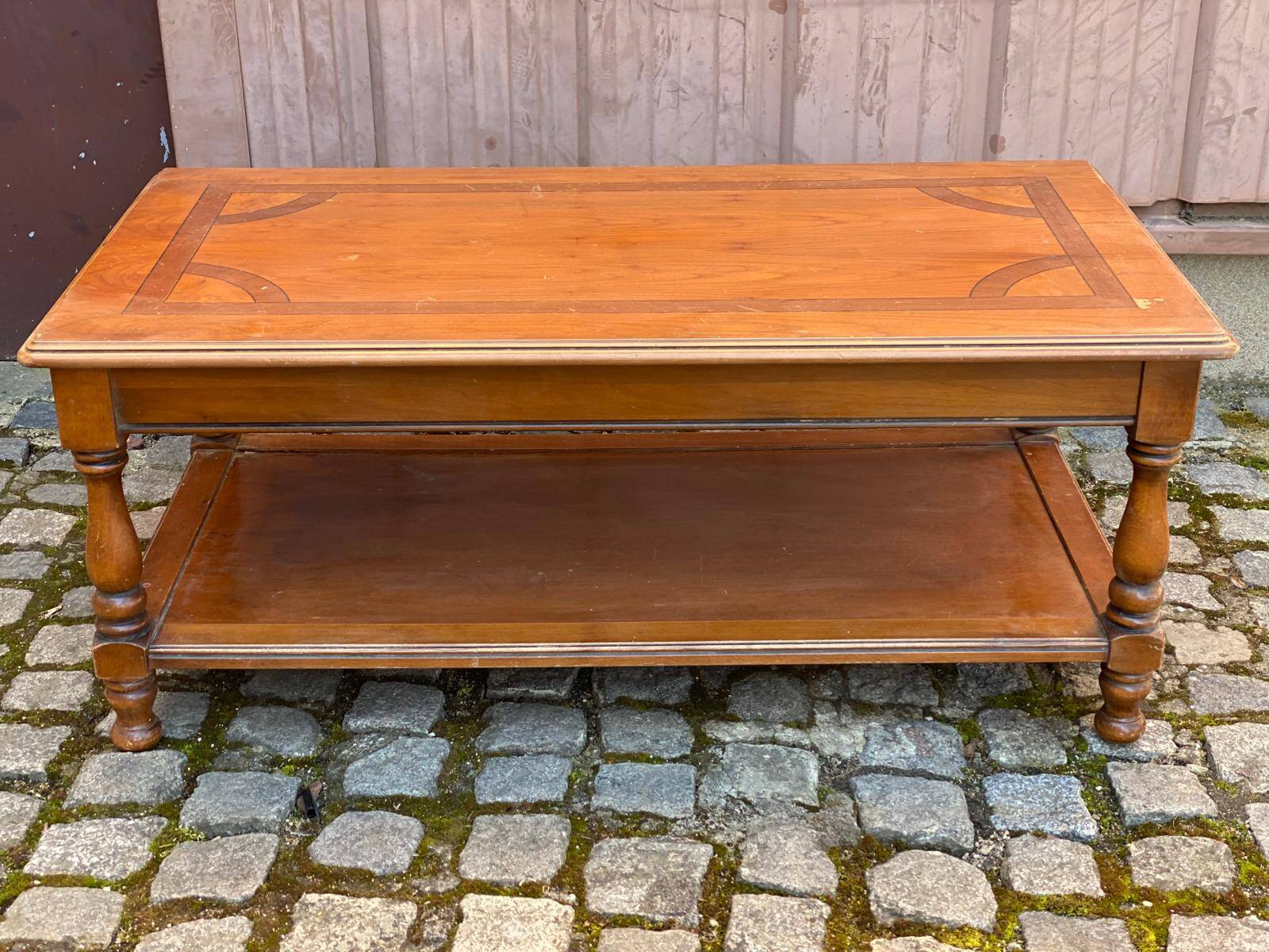 Solid wood and marquetry coffee table, double top, 110cm