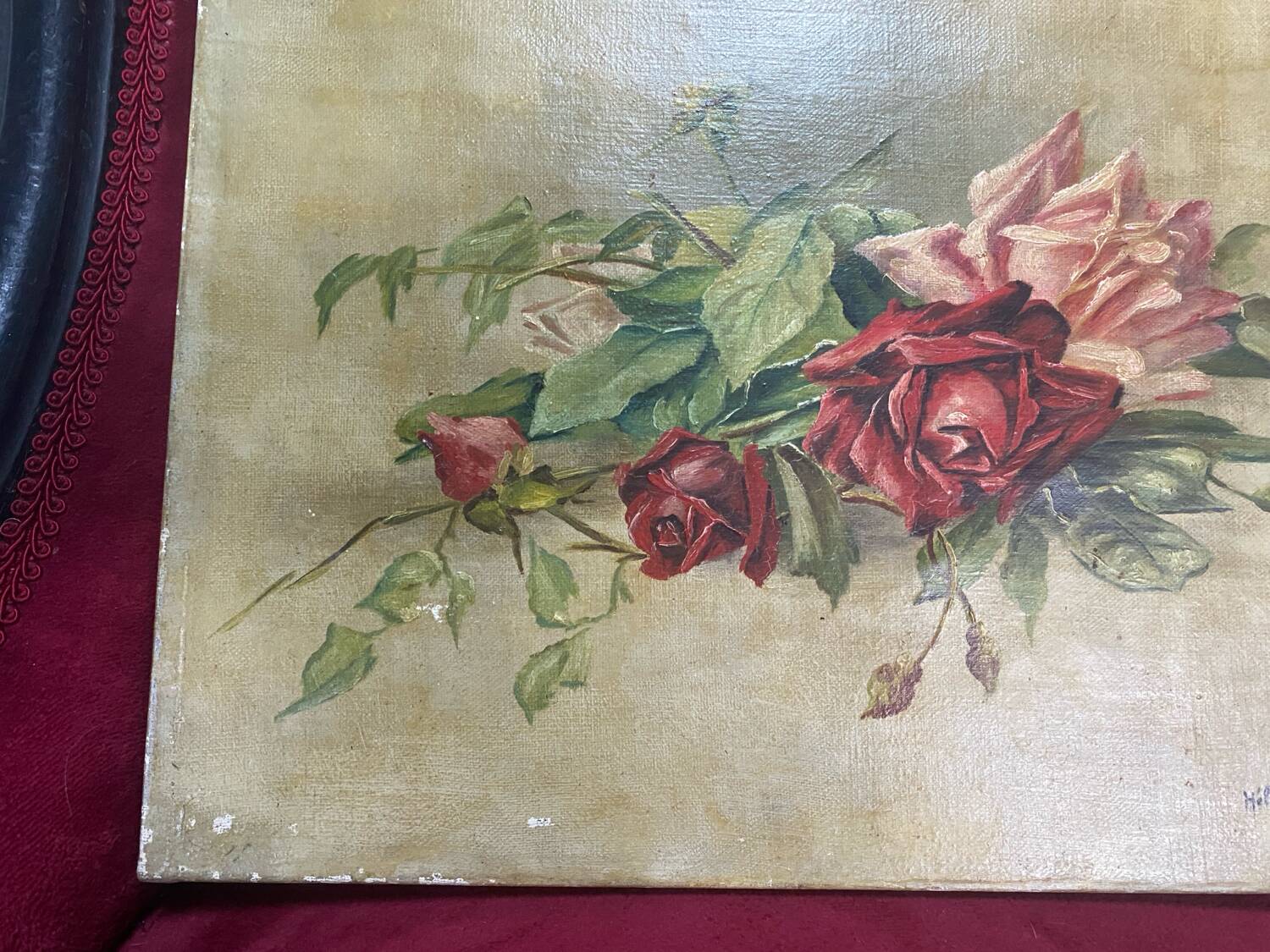 Oil on canvas signed "armful of roses" old