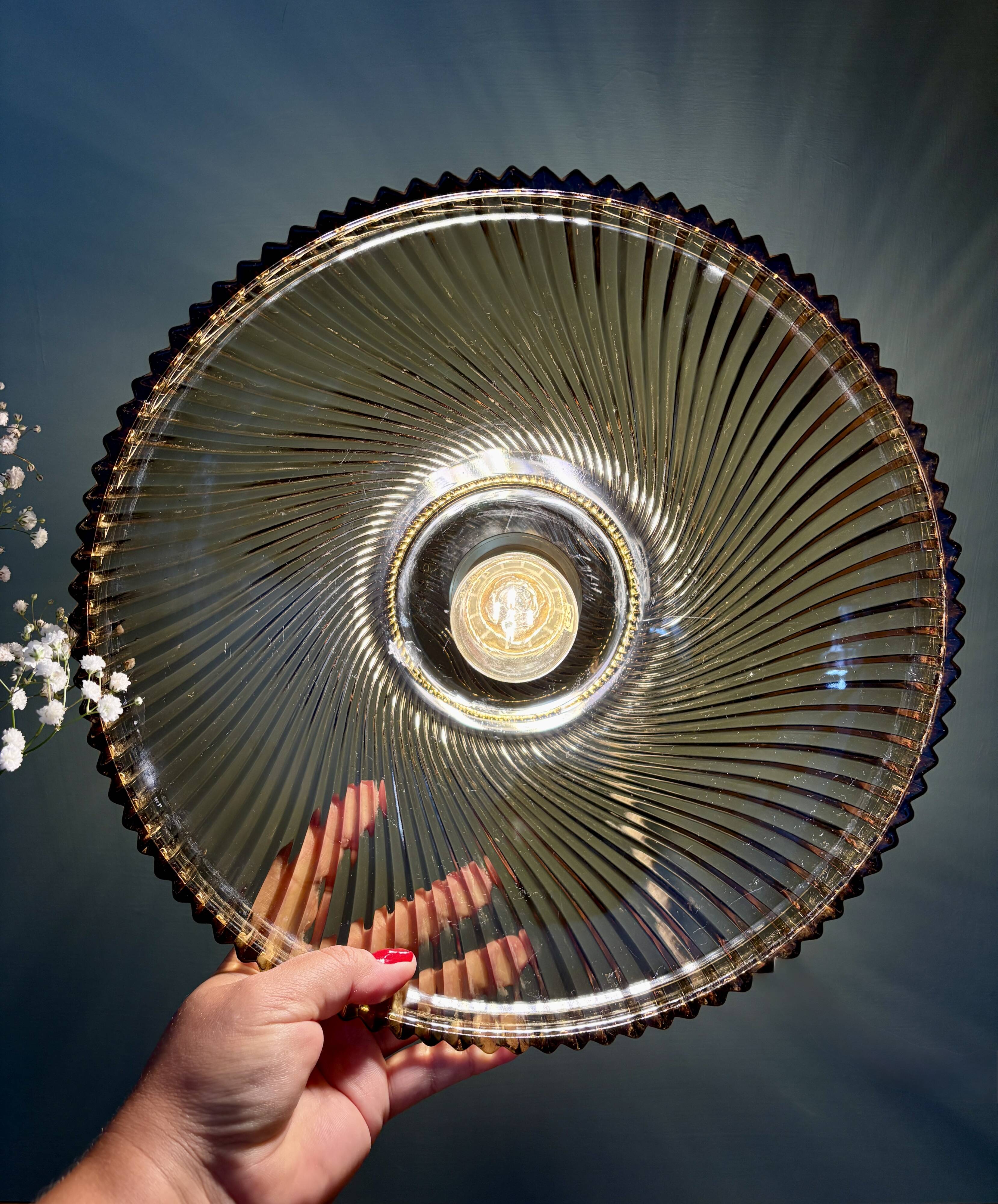 Vintage amber molded glass lampshade pendant light - tableware collection -