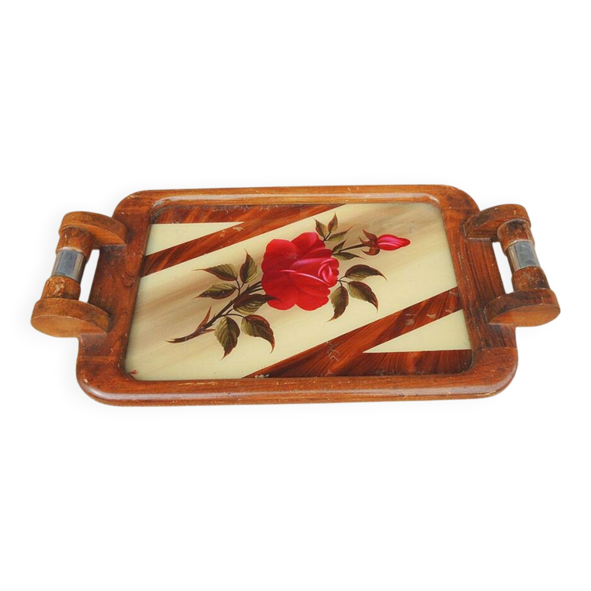 Vintage large Art Deco wooden tray – rose decoration