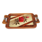 Vintage large Art Deco wooden tray – rose decoration
