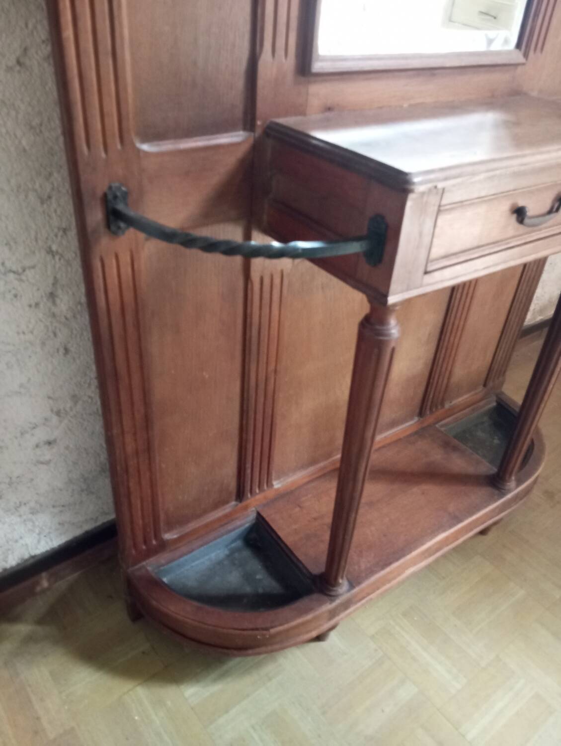 Oak and wrought iron coat rack from around 1900.