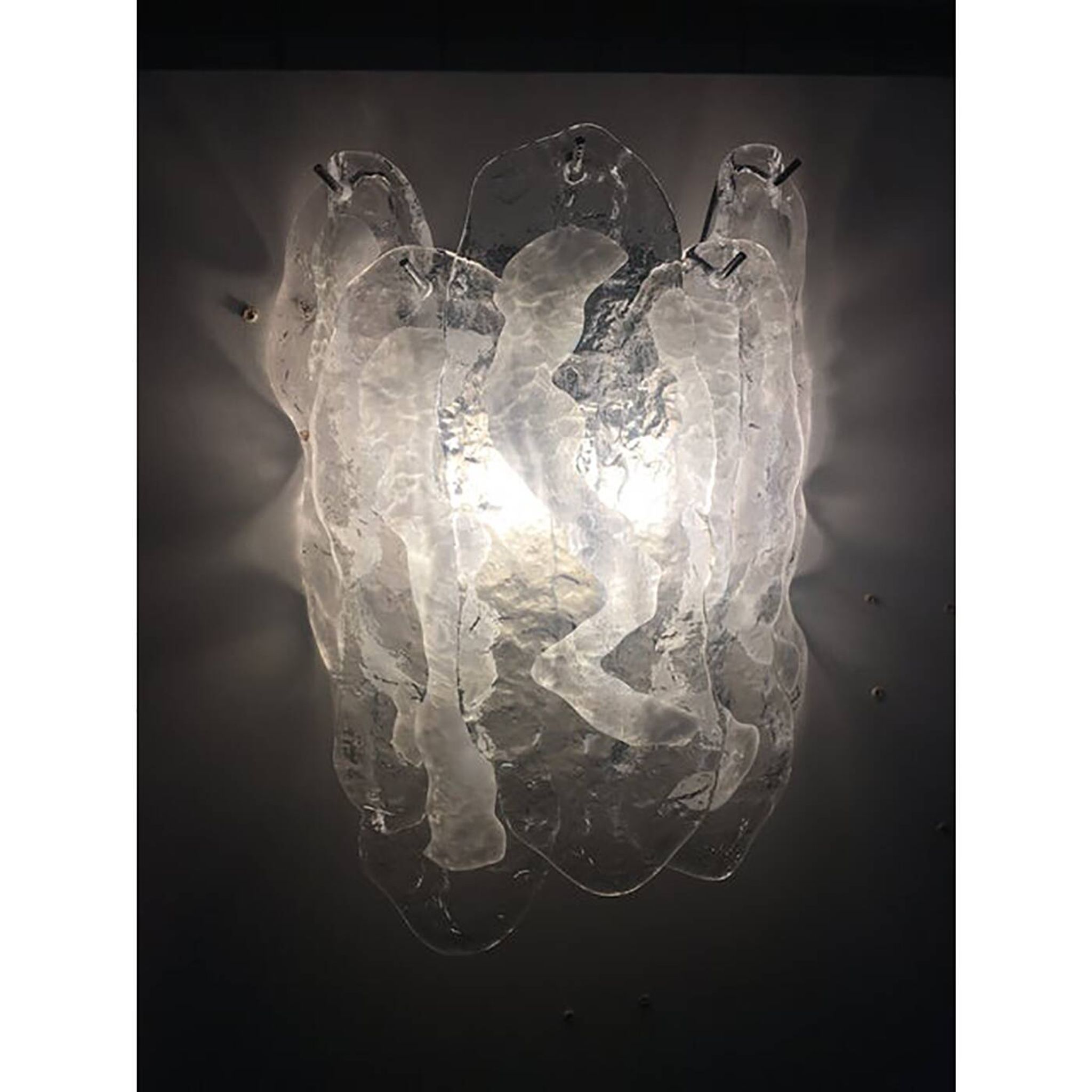 Lot of 2 Transparent and White “Fiamma” Murano Glass Wall Sconces