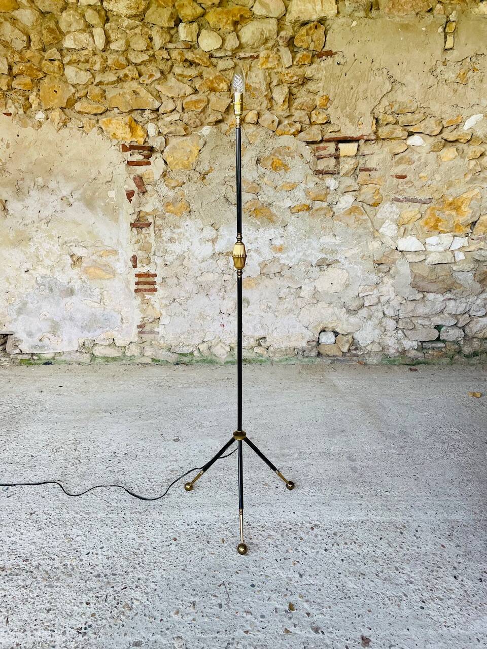 Vintage floor lamp, brass decorations, tripod legs circa 1960's