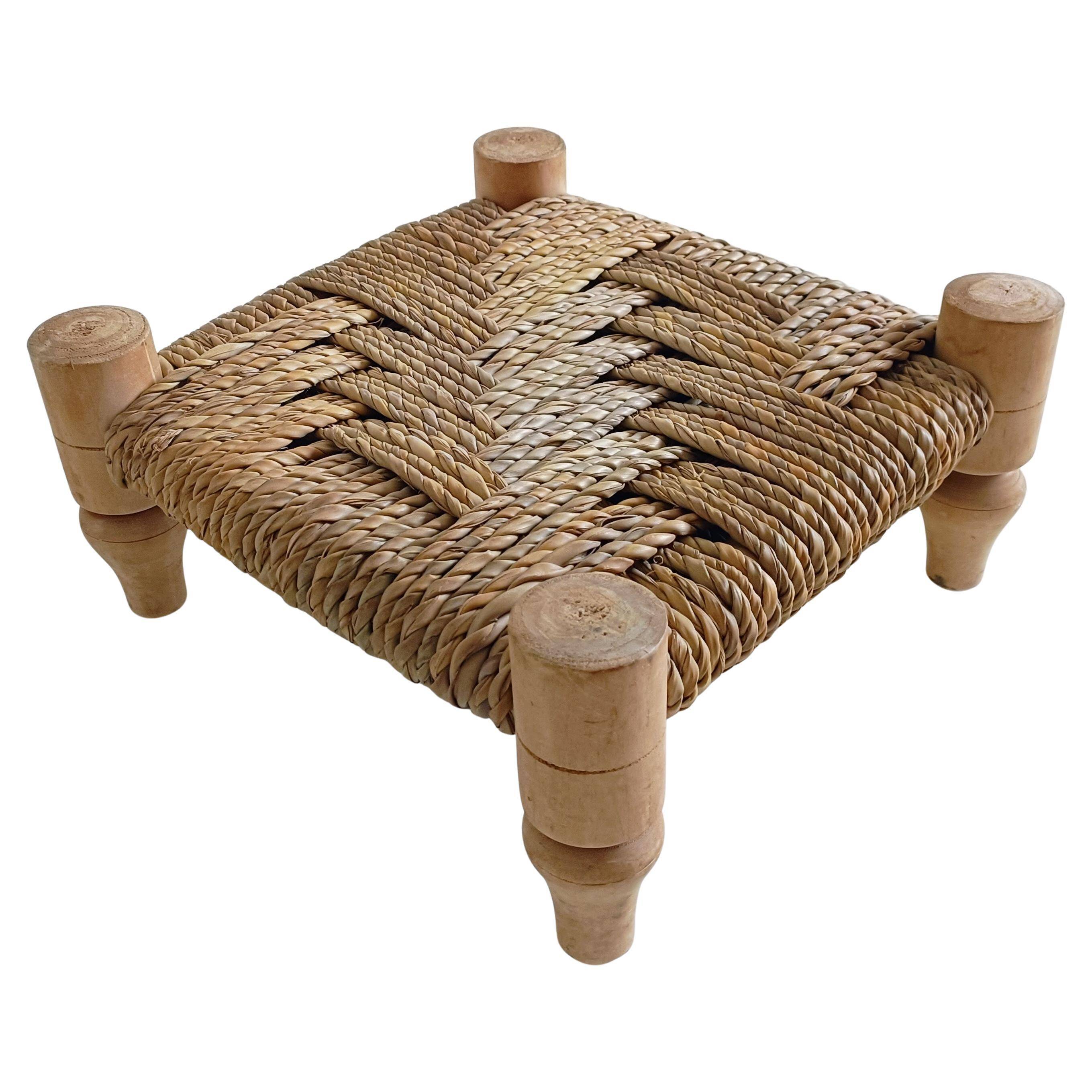 Organic Modern Turned Wood and Rope Footstool in the Style of Charlotte Perriand