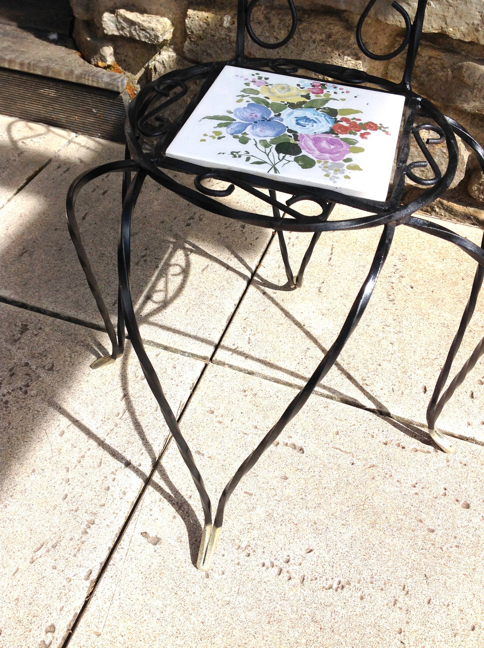 Plant holder "chair" in wrought iron and earthenware / vintage 60s-70s