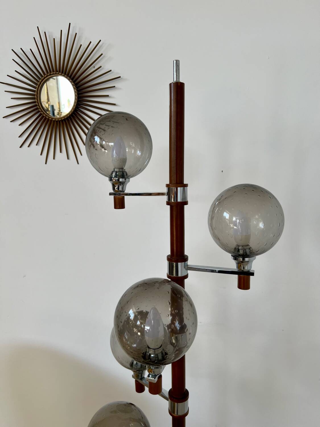 Old Scandinavian design wooden floor lamp from the 60s with 6 vintage lights