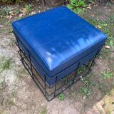 Square stool in black lacquered steel wire and blue leatherette circa 1970