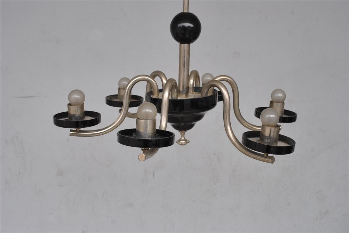 Chandelier 1930 tubular arms to 6 lights black opaline cups