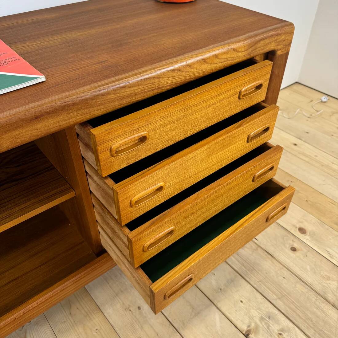 Dyrlund buffet in teak with sliding doors and interior drawers, Denmark 1960.