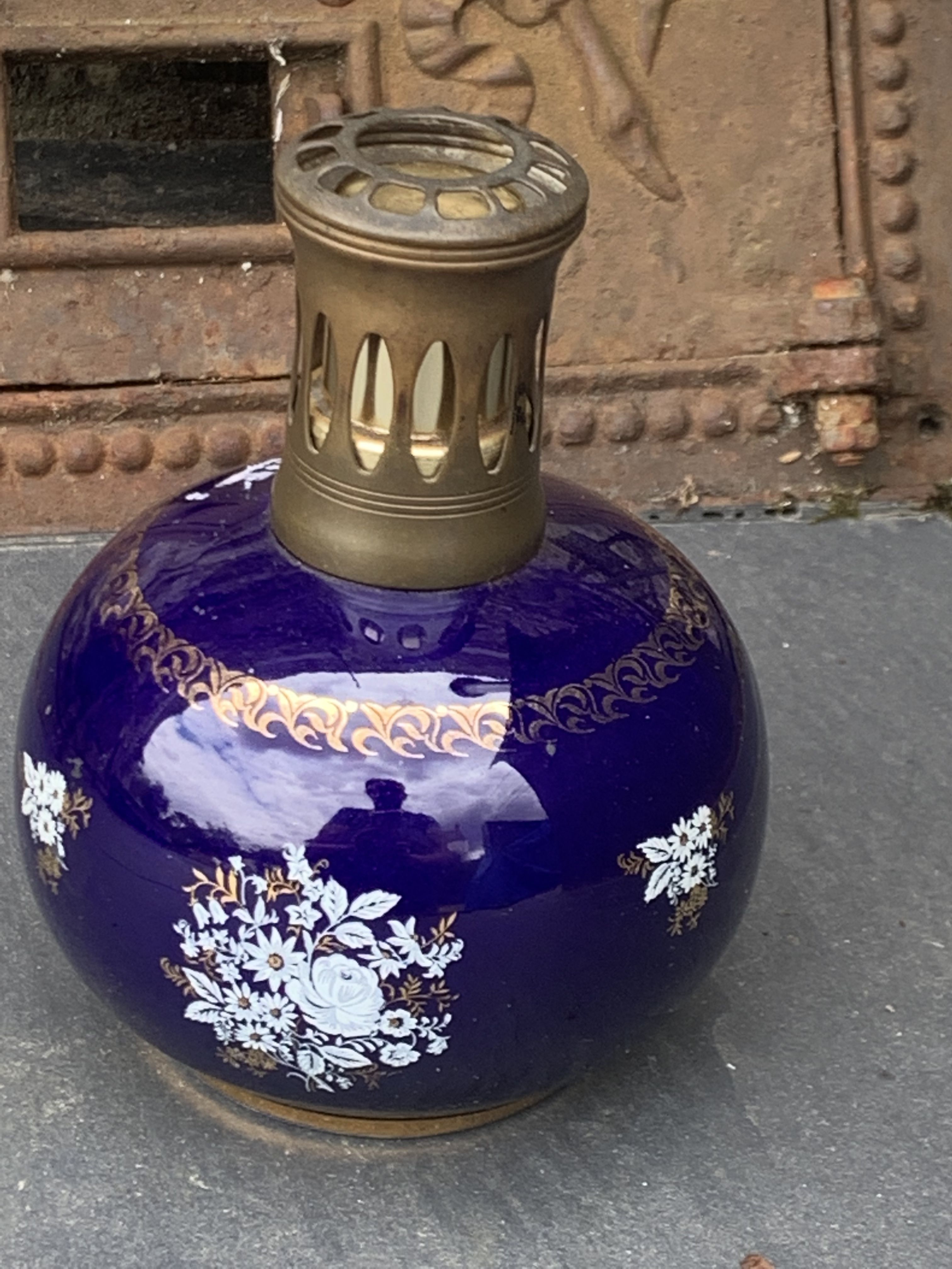 Lampe Berger Vintage En Porcelaine - Fleurs Roses & Jaunes - France - Occasion (Non Testée)