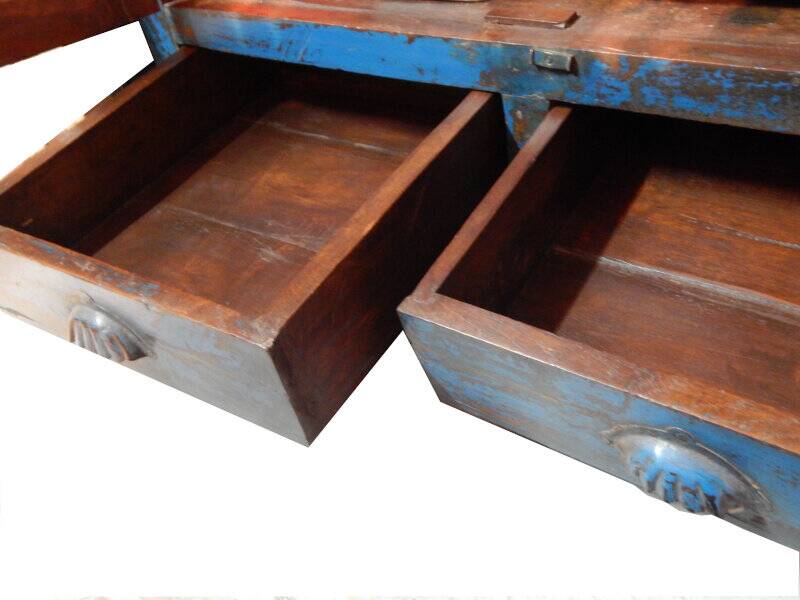 Blue sideboard cabinet with glass in old teak wood and 2 drawers