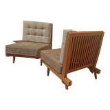 Pair of heaters 60s solid teak two-tone cushions