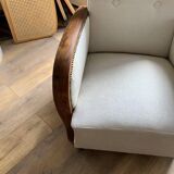 Hungarian Art Deco armchair 1930s beige fabric, carved wooden structure, elegant and comfortable.