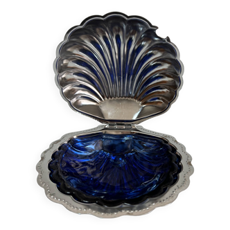 Stainless steel shell butter dish and blue bowl