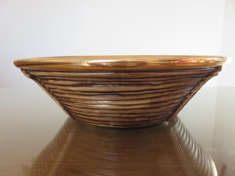 Ceramic basket with rattan and brass in the 70s