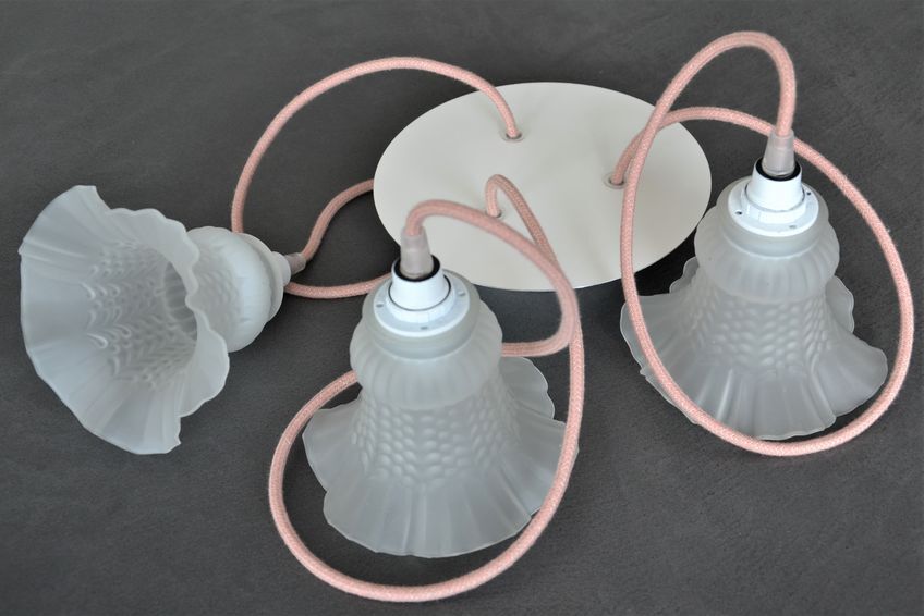 Vintage chandelier 3 pendants with glass tulip lampshades and pink cord