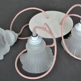 Vintage chandelier 3 pendants with glass tulip lampshades and pink cord