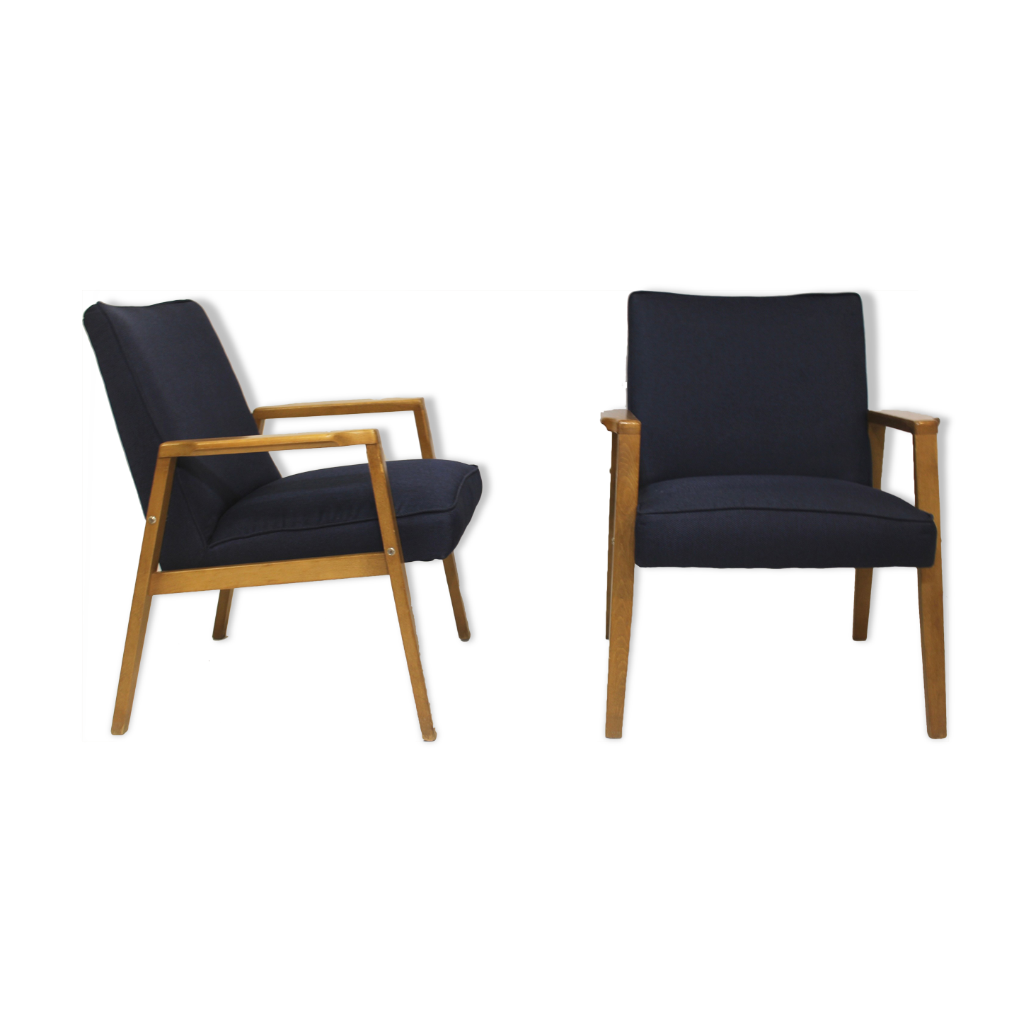 Pair of Scandinavian armchairs 60s restored deep blue gloved fabric.