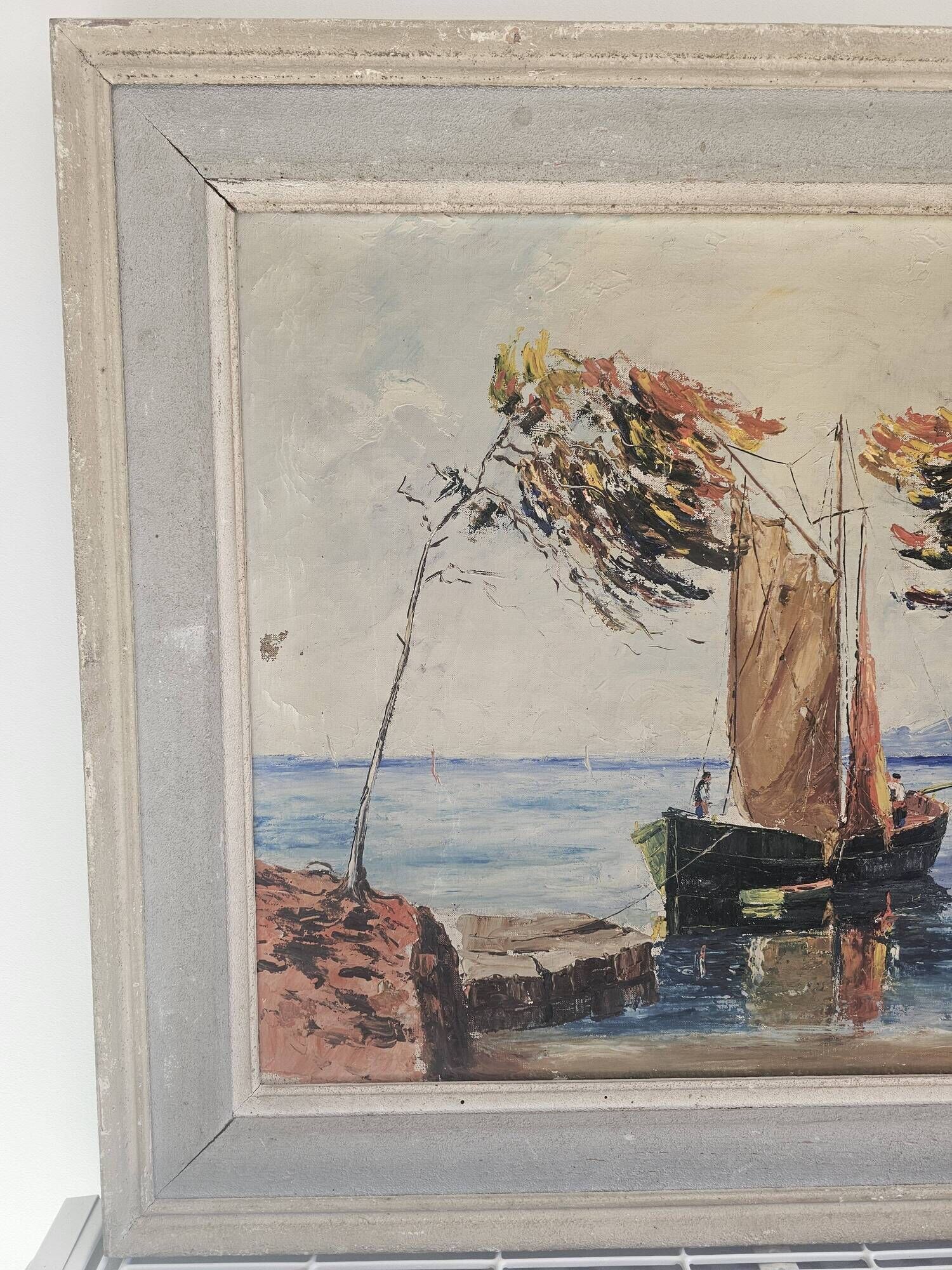 Oil Painting on Canvas Marine Boat at Sea - Signed Jean Corniche 1943