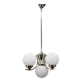 Art Deco chrome chandelier with white globe shades, 1930s