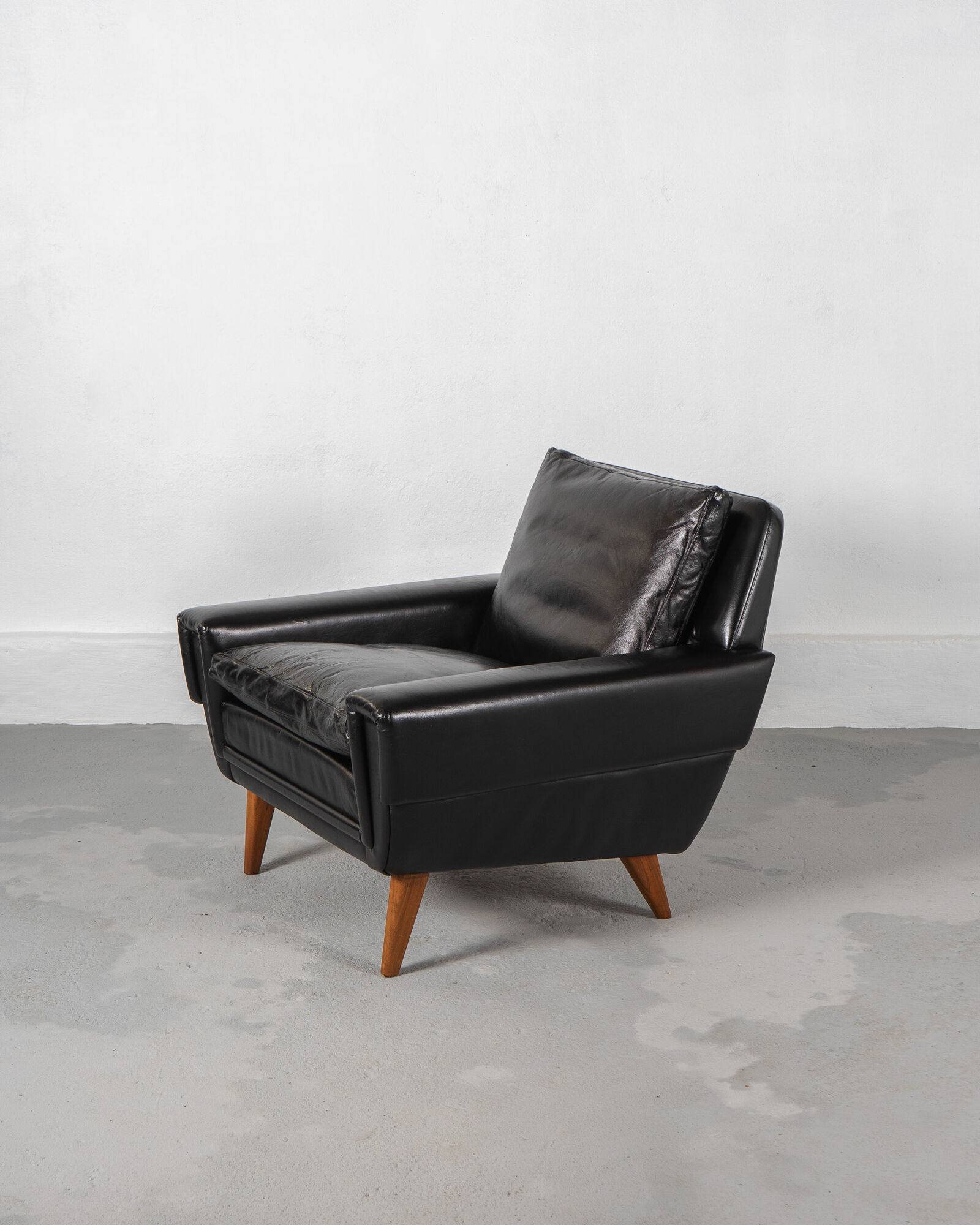 Mid Century Black Leather and Teak Scandinavian Armchair, Denmark, circa 1970