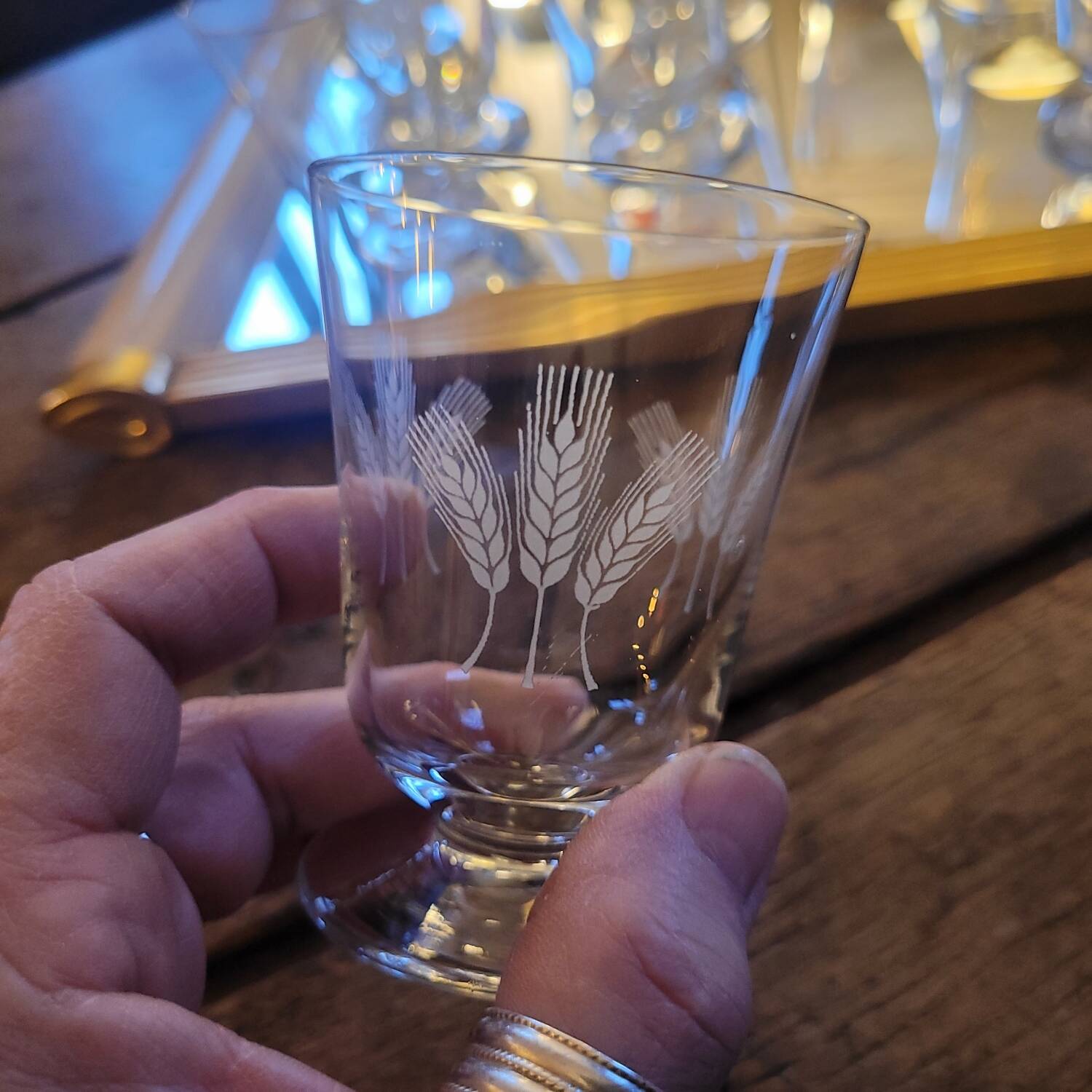 Set of 12 engraved stem glasses with ear of corn pattern from the 60s.