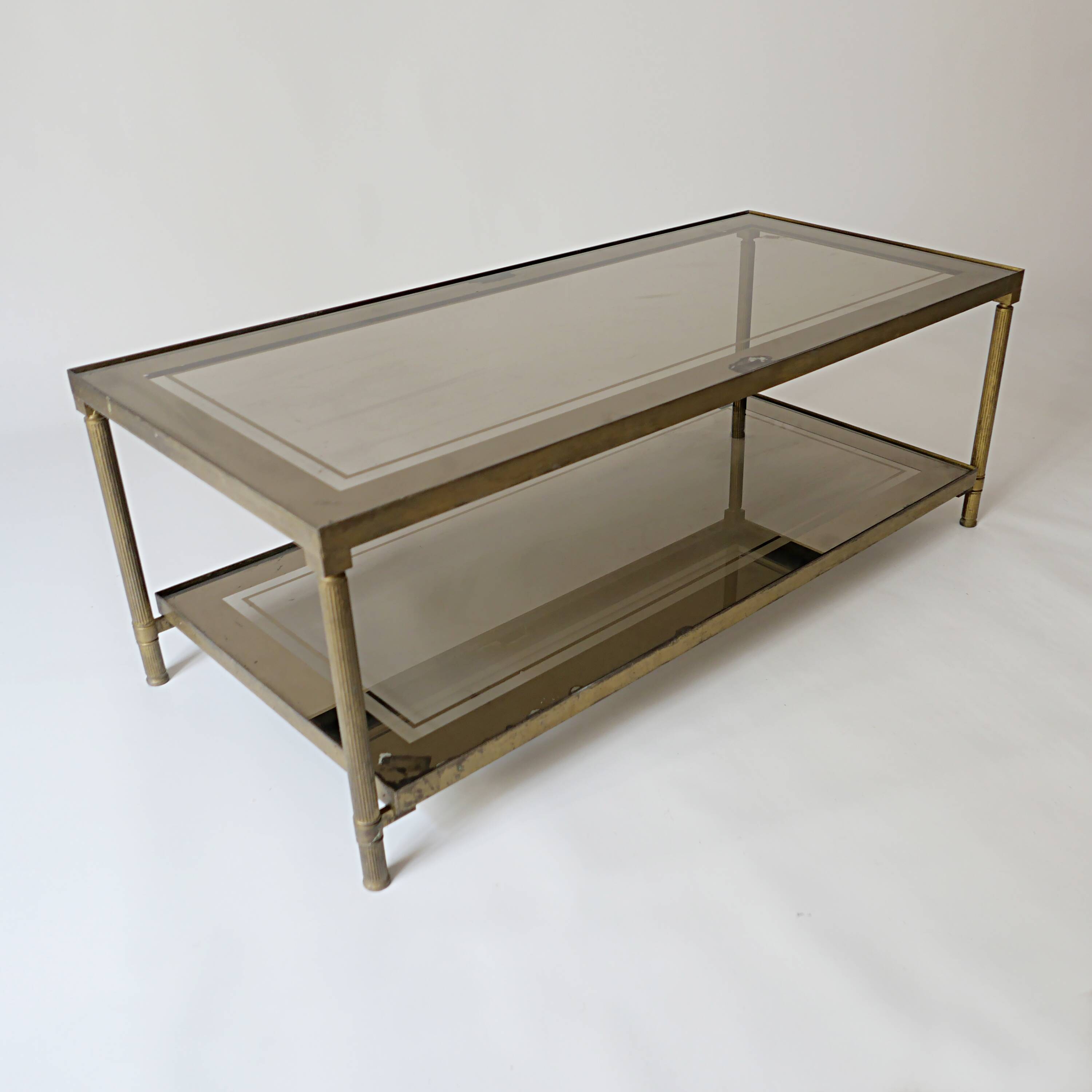 vintage brass coffee table with smoked glass mirror, antique Maison Jansen