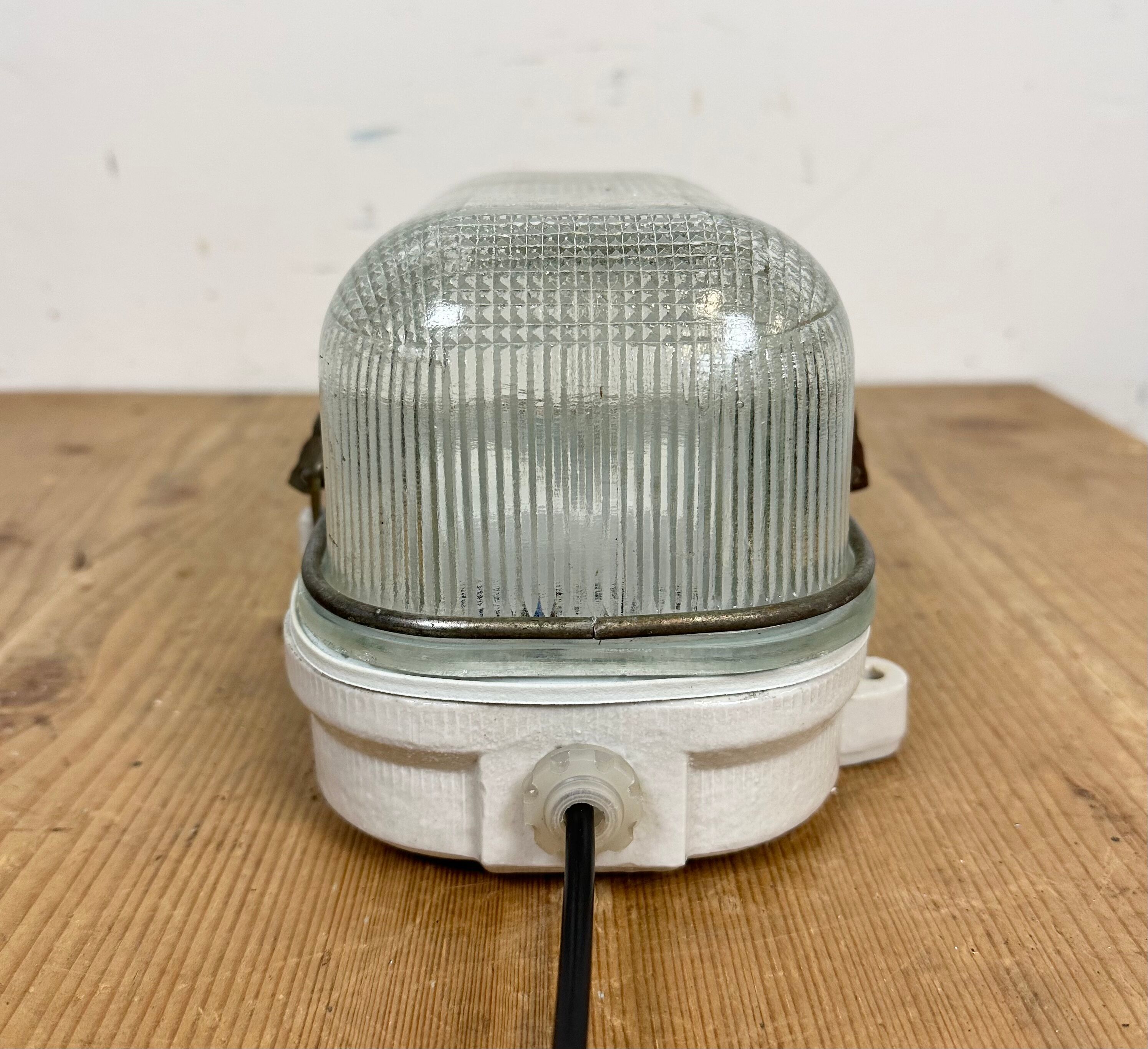 Industrial White Porcelain Wall Light with Ribbed Glass, 1970s