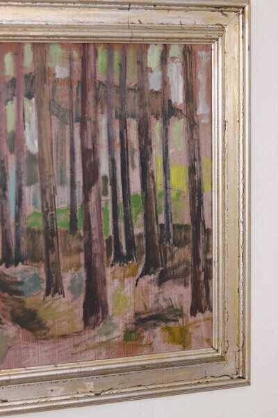 Original mid-century Swedish oil on panel – “Tree Trunks” by Harry Wichmann – dated 1953 – vintage & framed – 69 × 71 cm