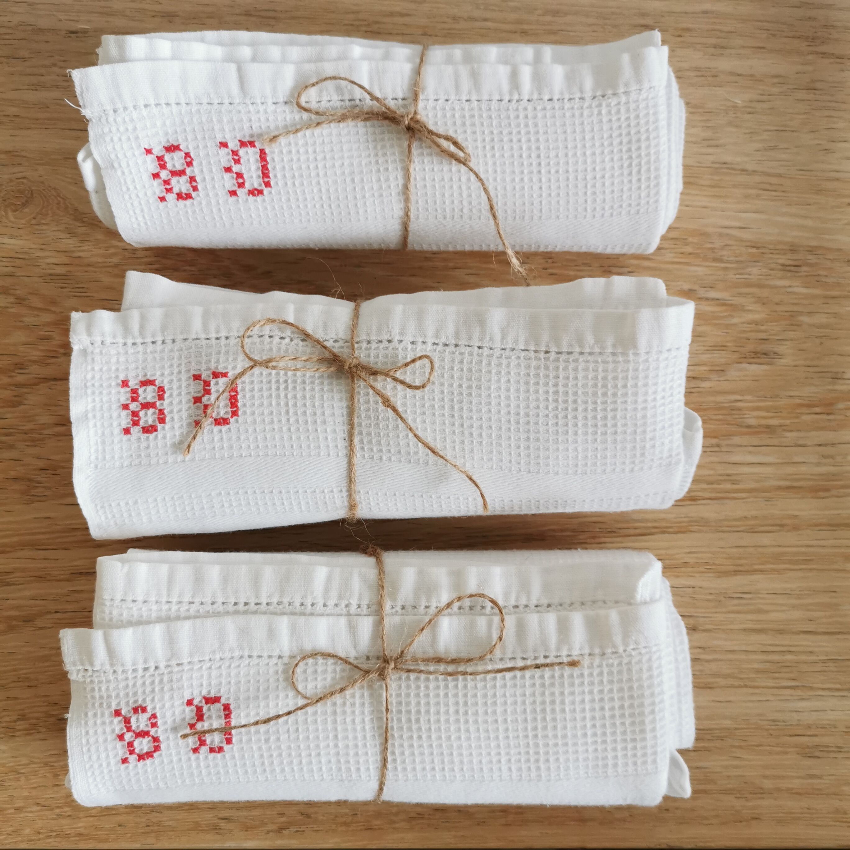 Old honeycomb tea towels embroidered