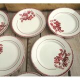 Set of 7 flat ceramic plates Badonviller Red floral decoration