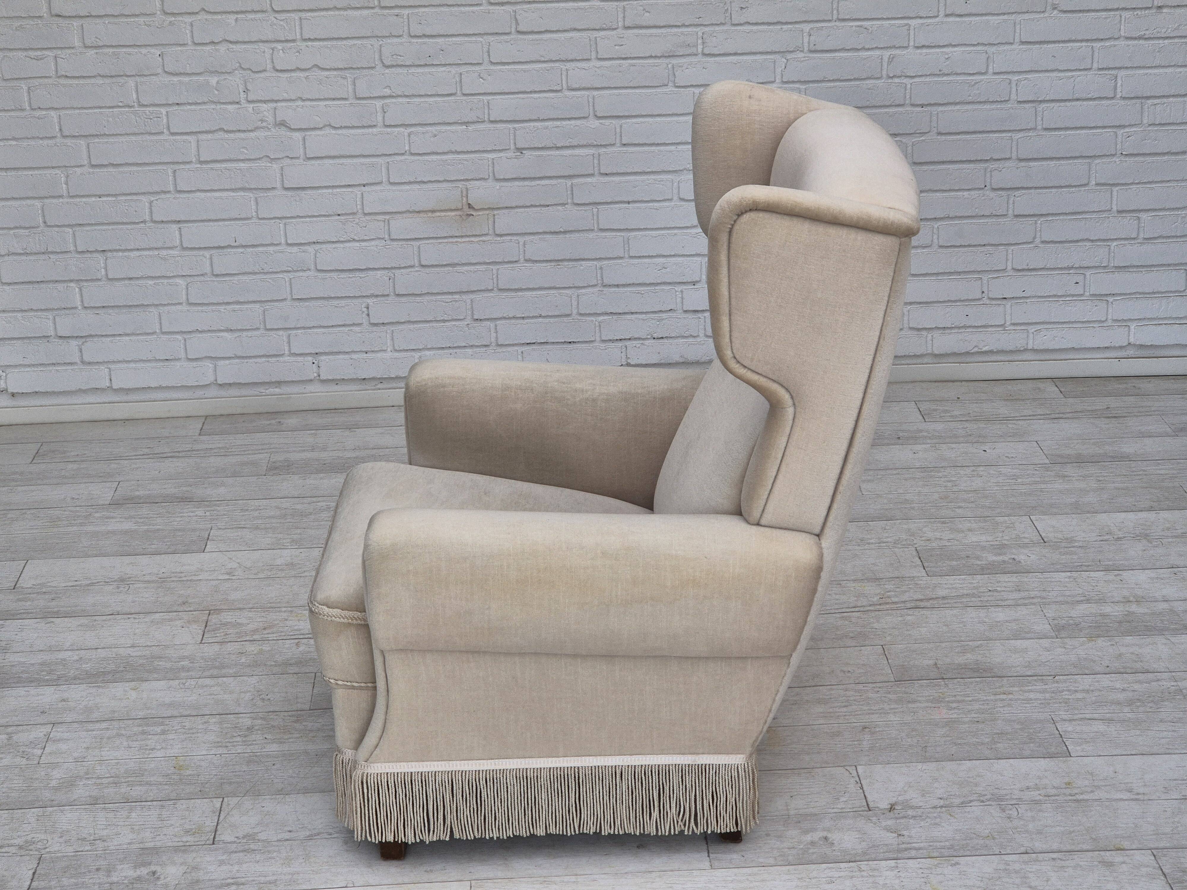 1970s, Danish wingback armchair, original condition, furniture velour, ash wood.