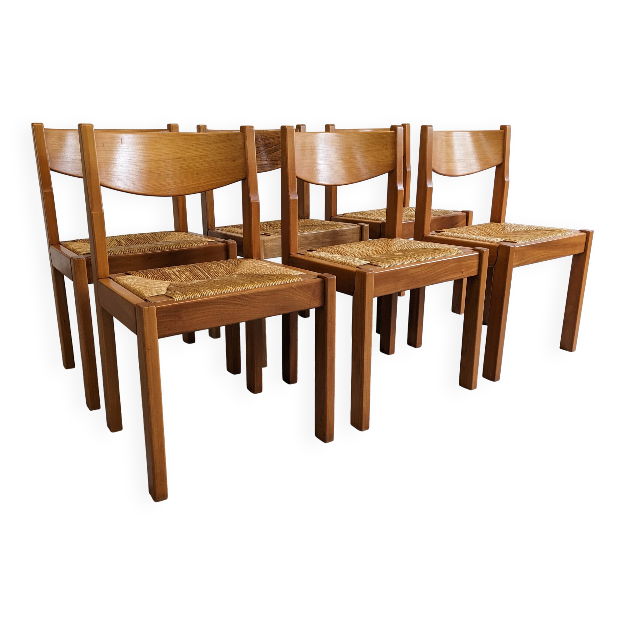 Série de 6 chaises paillées Maison Regain en orme massif, années 70-80