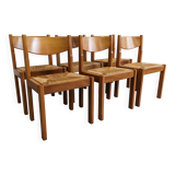 Set of 6 Maison Regain straw chairs in solid elm, 1970s-1980s